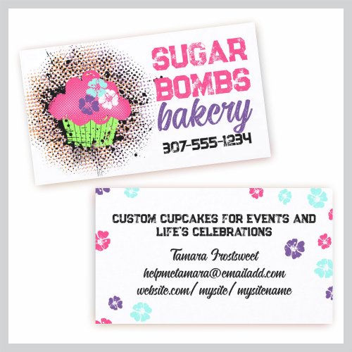 Cupcake bakery ink blot grunge splatters pink mint business card