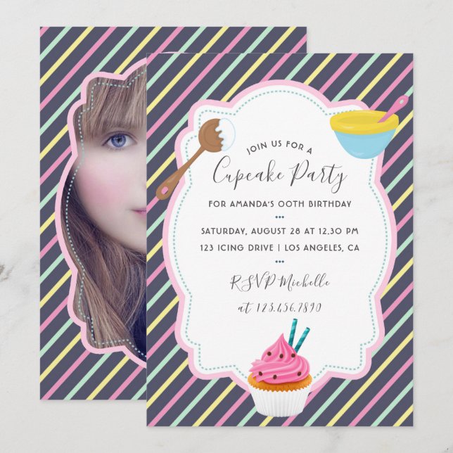 Cupcake Baking Birthday Party add photo invitation (Front/Back)