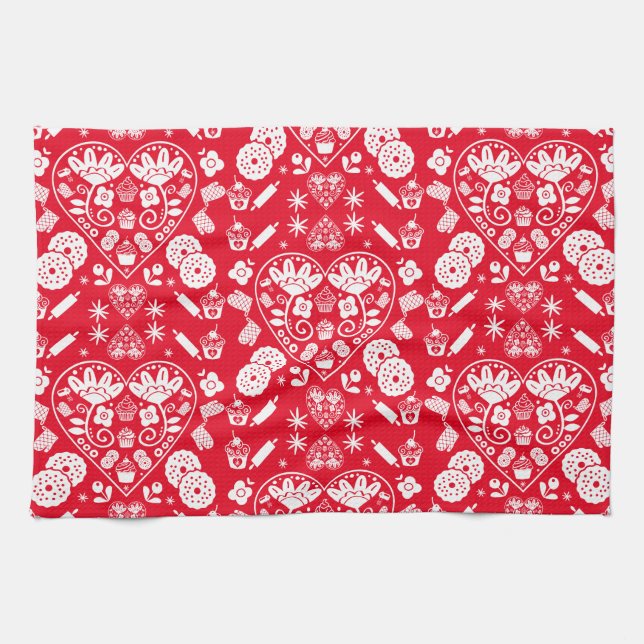 Cupcake Baking Folk Art Kitchen Towel (Horizontal)
