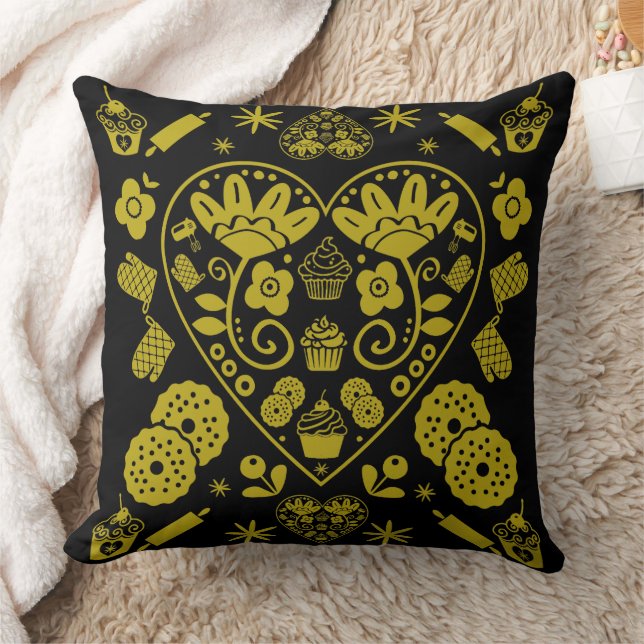 Cupcake Baking Folk Art Throw Pillow (Blanket)