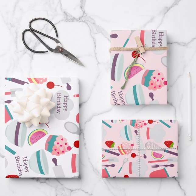 Cupcake Baking Pattern Pink Purple Wrapping Paper Sheets (Front)