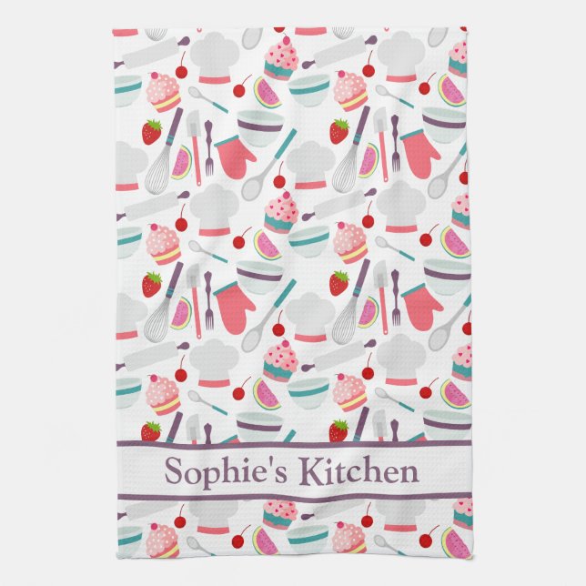 Cupcake Baking pattern Purple Kitchen Towel (Vertical)