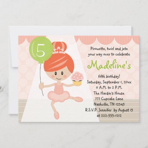 Cupcake Ballerina Birthday Invitation Redhead