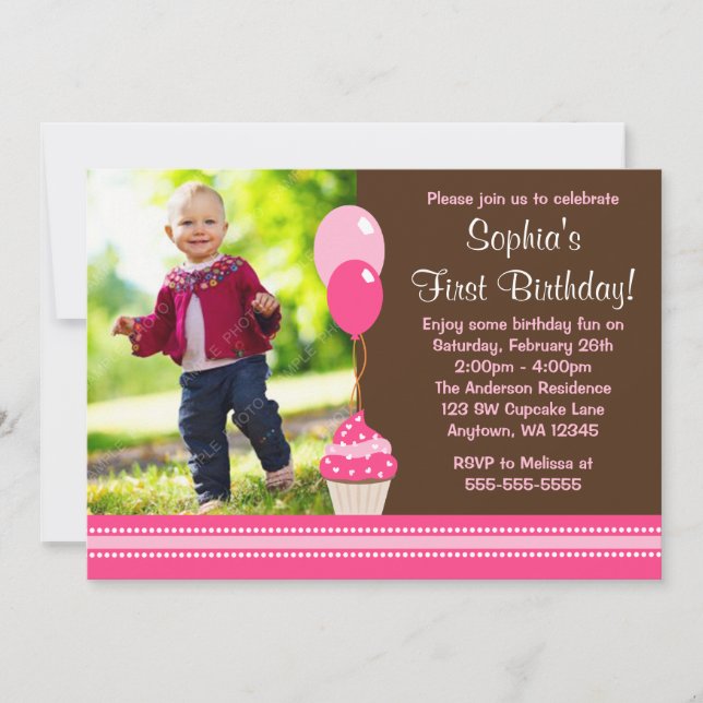 Cupcake Balloons Brown Pink Photo Birthday Invitation (Front)