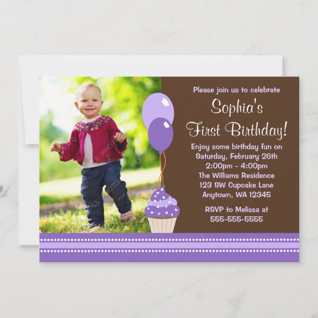 Cupcake Balloons Brown Purple Photo Birthday Invitation (Front)