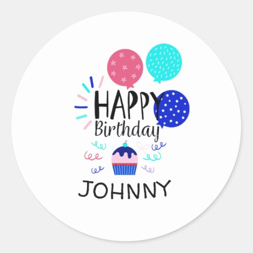 Cupcake  Balloons Happy Birthday Text  _ Classic Round Sticker