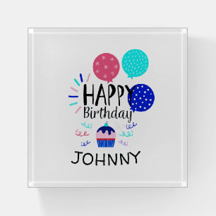 Cupcake & Balloons Happy Birthday Text - Paperweight