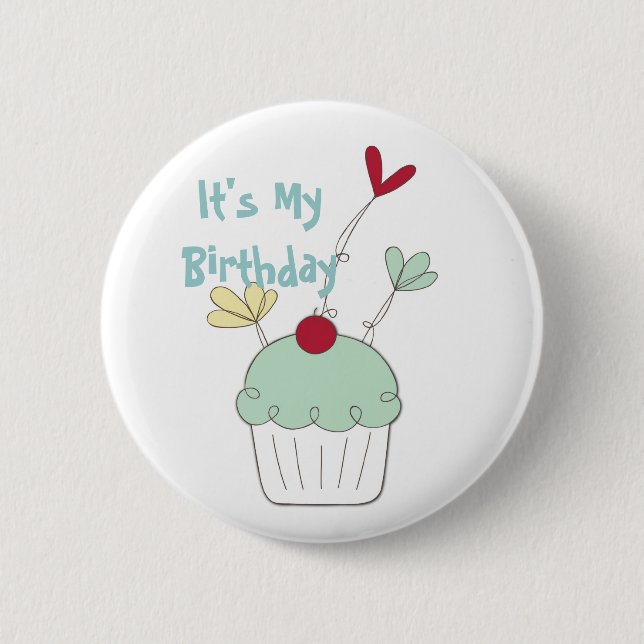 Cupcake birthday badge with cherry and flowers button (Front)