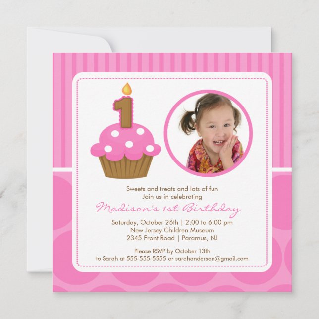 Cupcake Birthday Invitation 1st Birthday Pink (Front)