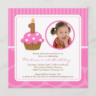 Cupcake Birthday Invitation 1st Birthday Pink