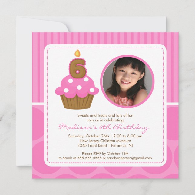 Cupcake Birthday Invitation 6th Birthday Pink (Front)