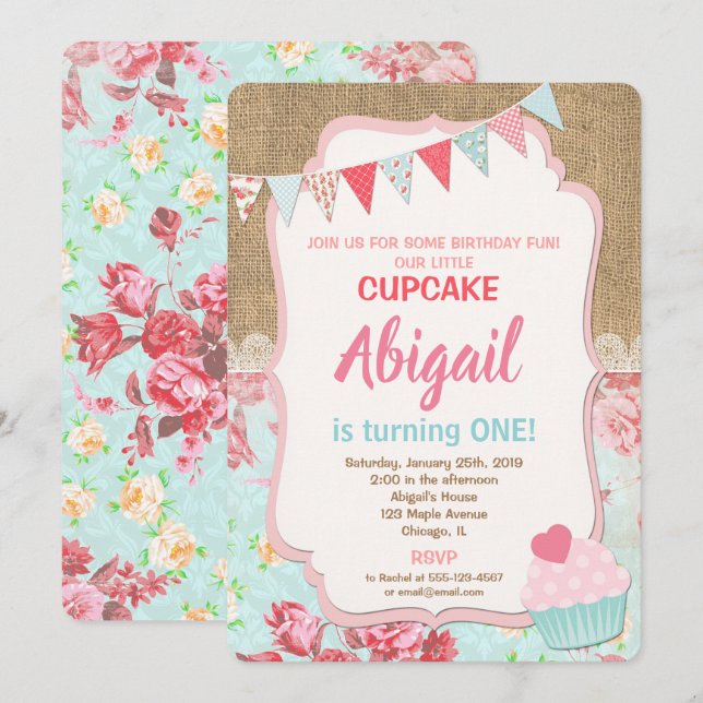 Cupcake birthday invitation girl 1st birthday (Front/Back)