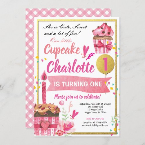 Cupcake birthday party pink and gold girl invitation