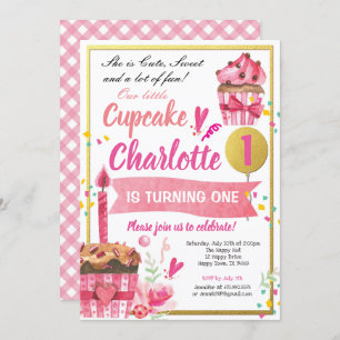 Cupcake birthday party pink and gold girl invitation