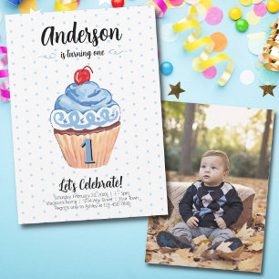 Cupcake Blue Boy Photo 1st Birthday Party Invitation
