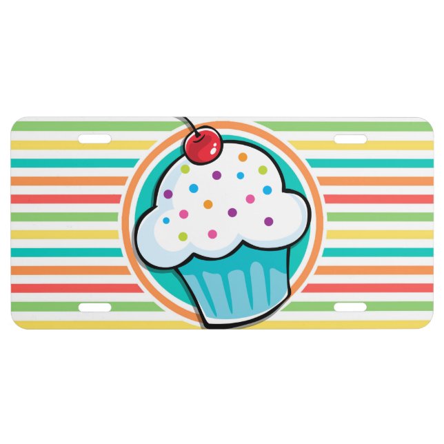 Cupcake; Bright Rainbow Stripes License Plate (Front)