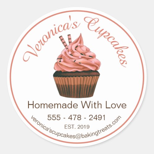 Cupcake Brown With Contact Details Classic Round Sticker