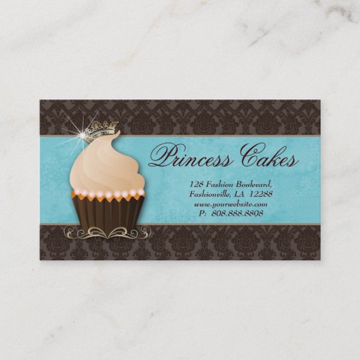 Customizable Cupcake Business Card Crown Blue Brown Damask