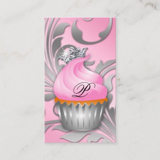 Customizable Cupcake Business Card Crown Classy Silver Pink