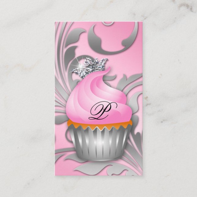 Cupcake Business Card Crown Classy Silver Pink (Front)