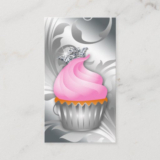 Customizable Cupcake Business Card Crown Classy Silver Pink 2