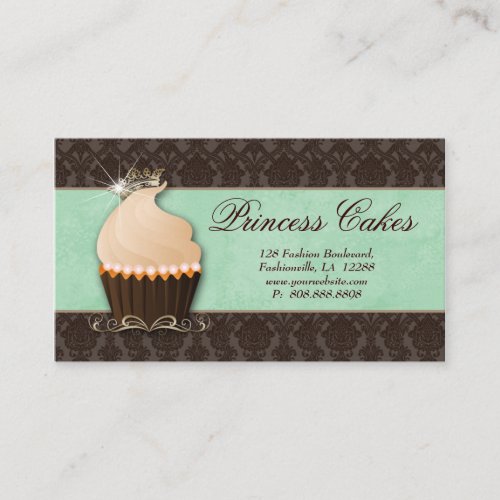 Cupcake Business Card Crown Mint Brown Damask