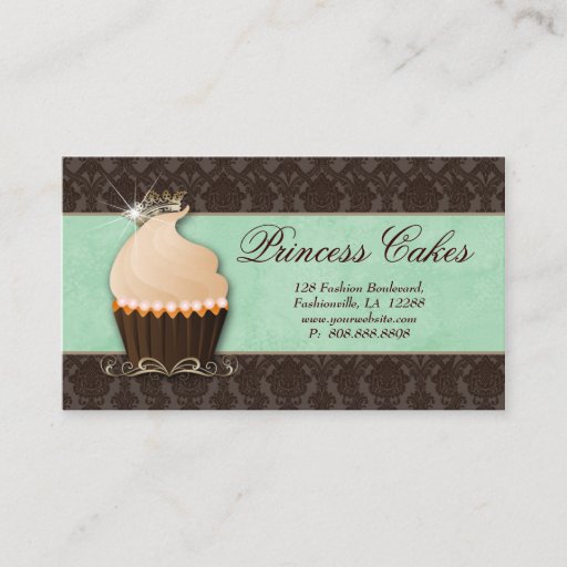 Customizable Cupcake Business Card Crown Mint Brown Damask