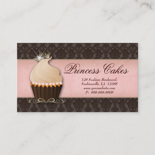 Customizable Cupcake Business Card Crown Pink Brown Damask