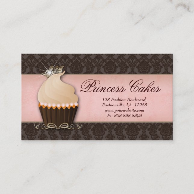Cupcake Business Card Crown Pink Brown Damask (Front)