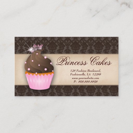 Customizable Cupcake Business Card Crown Pink Brown Dots