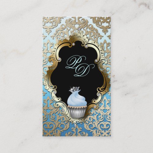 Cupcake Business Card Elegant Damask Blue Gold
