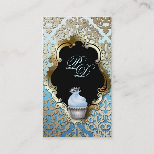 Customizable Cupcake Business Card Elegant Damask Blue Gold