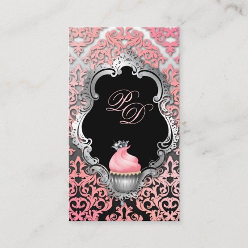 Customizable Cupcake Business Card Elegant Damask Peach Pink