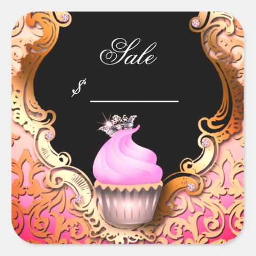 Cupcake Business Card Elegant Damask Pink Black Square Sticker