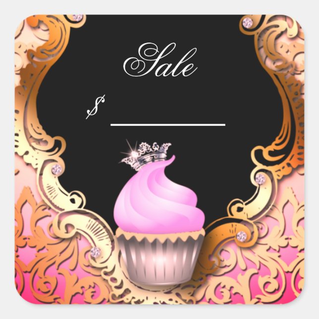 Cupcake Business Card Elegant Damask Pink Black Square Sticker (Front)