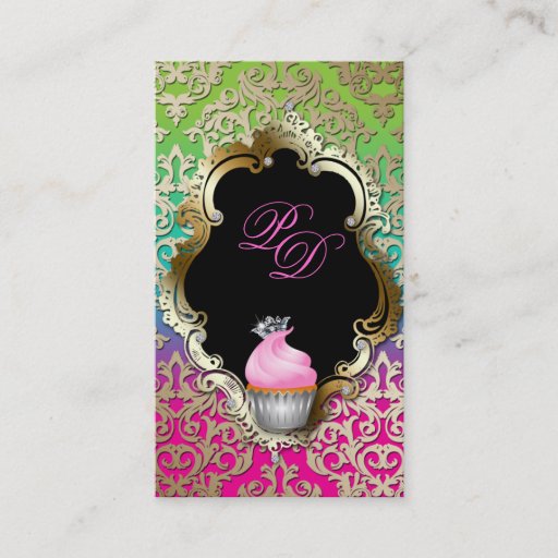 Customizable Cupcake Business Card Elegant Damask Pink Green