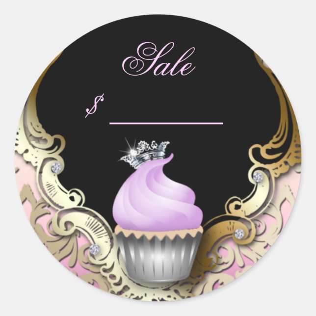 Cupcake Business Card Elegant Damask Purple Black Classic Round Sticker (Front)