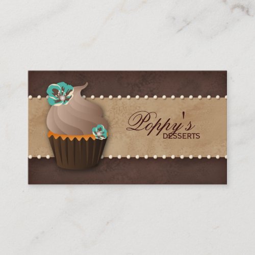 Cupcake Business Card Floral Brown Vintage Teal
