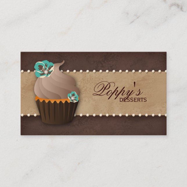 Cupcake Business Card Floral Brown Vintage Teal (Front)