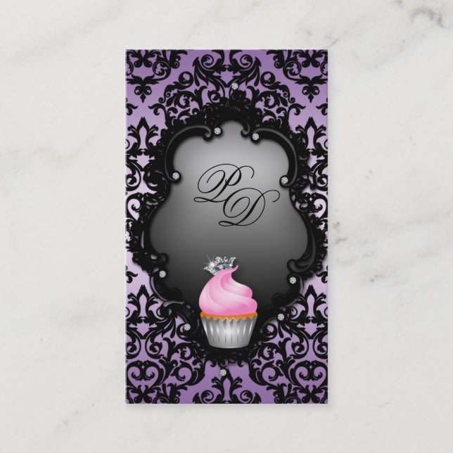 Cupcake Business Card Retro Damask Black Purple (Front)