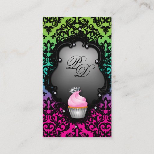 Customizable Cupcake Business Card Retro Damask Pink Green