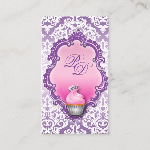 Customizable Cupcake Business Card Retro Damask Pink Purple