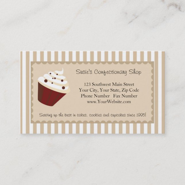 Cupcake Business Card, Soft Mocha Stripes Business Card (Front)