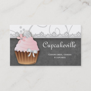 Cupcake Business Card Vintage Lace Pink Gray