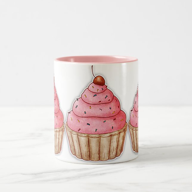 Cupcake Caffee Mug, Tasty  Cherry Cupcakes Two-Tone Coffee Mug (Center)