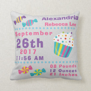 Cupcake Candy Sweets Sugary Treats Birth Stats Throw Pillow