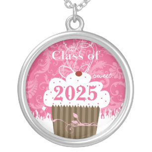 Cupcake Cap Damask-Graduation Class of 2011 Silver Plated Necklace