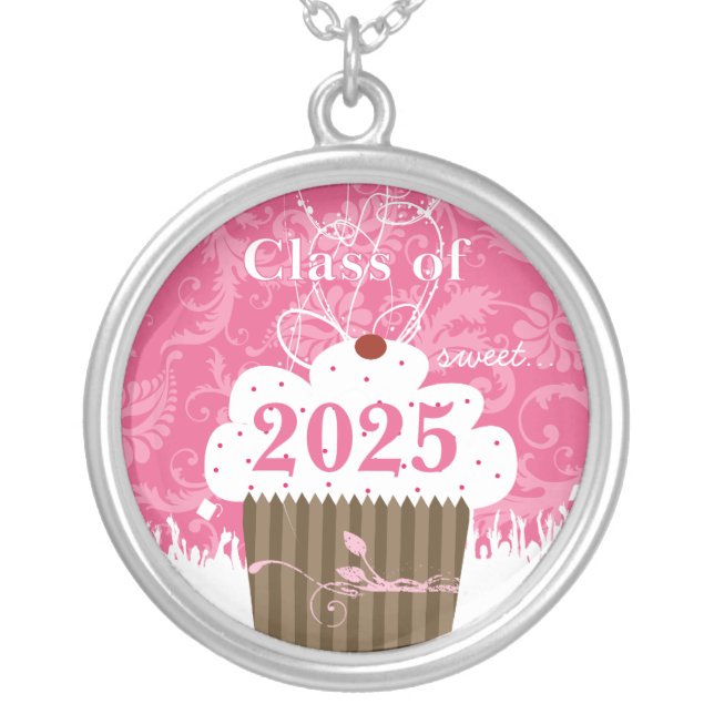 Cupcake Cap Damask-Graduation Class of 2011 Silver Plated Necklace (Front)
