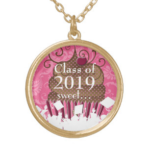 Cupcake Caps Gown Graduation Class of Current Year Gold Plated Necklace
