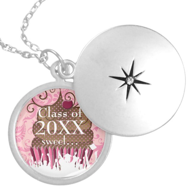 Cupcake Caps Gown Graduation Class of Current Year Locket Necklace (Front)